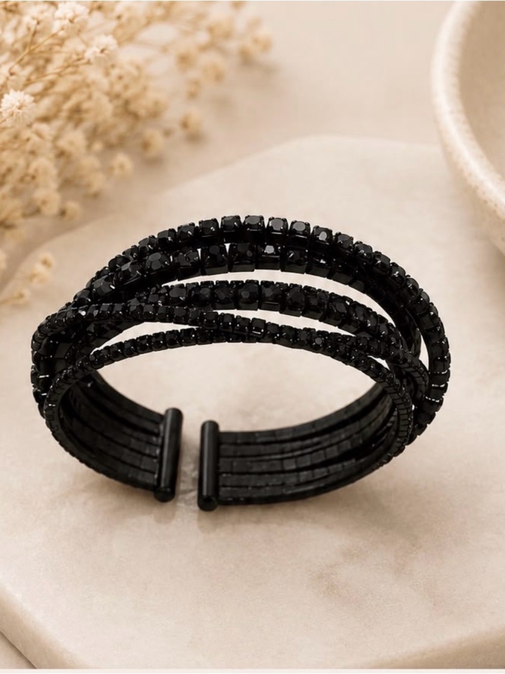 Black Crystal Multi-Row Cuff Bracelet